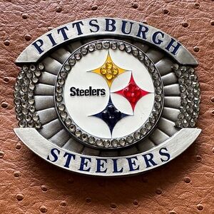 Custom Pittsburg Steelers pewter belt buckle adorned with Swarovski crystals